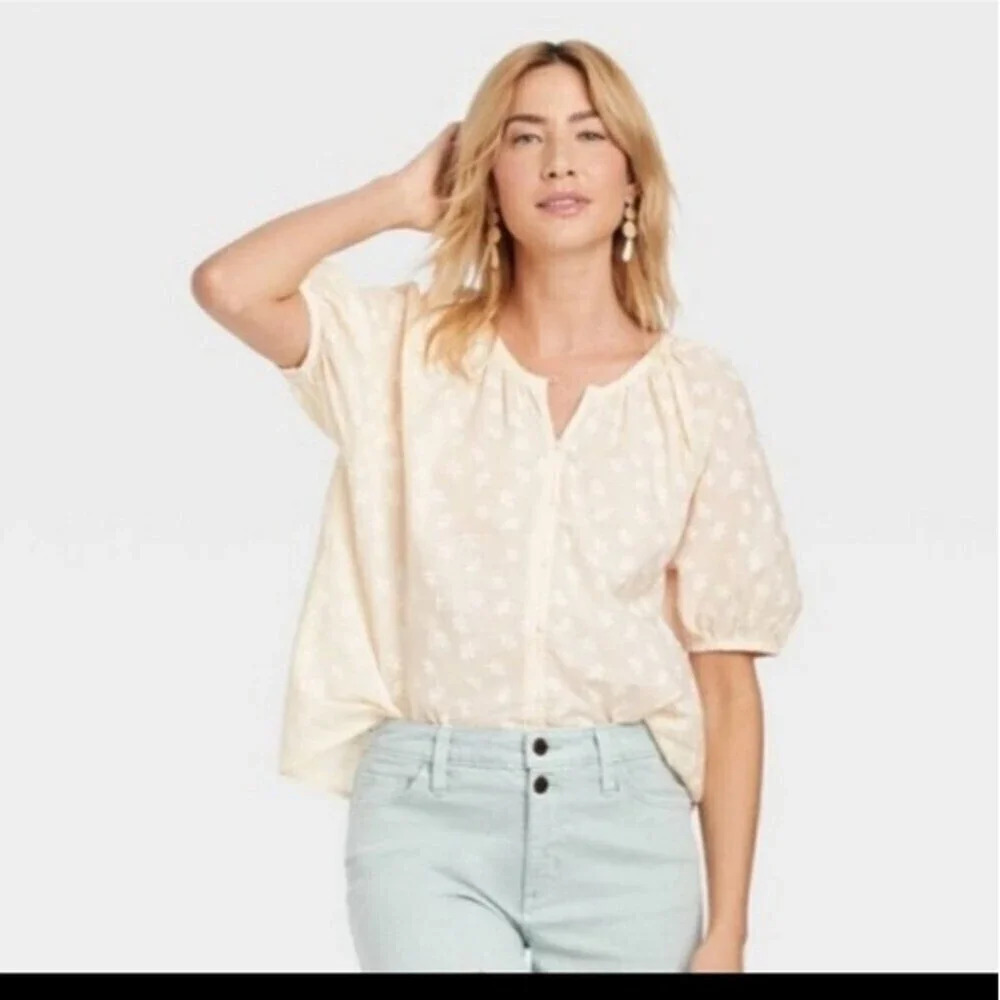 New Women XL Short Sleeve Button-Front Blouse Relaxed Short Full Sleeves